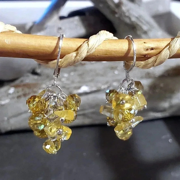 Handcrafted Natural Citrine Gemstone Czech Crystal Beads Silver Plated Earrings - Picture 10 of 13